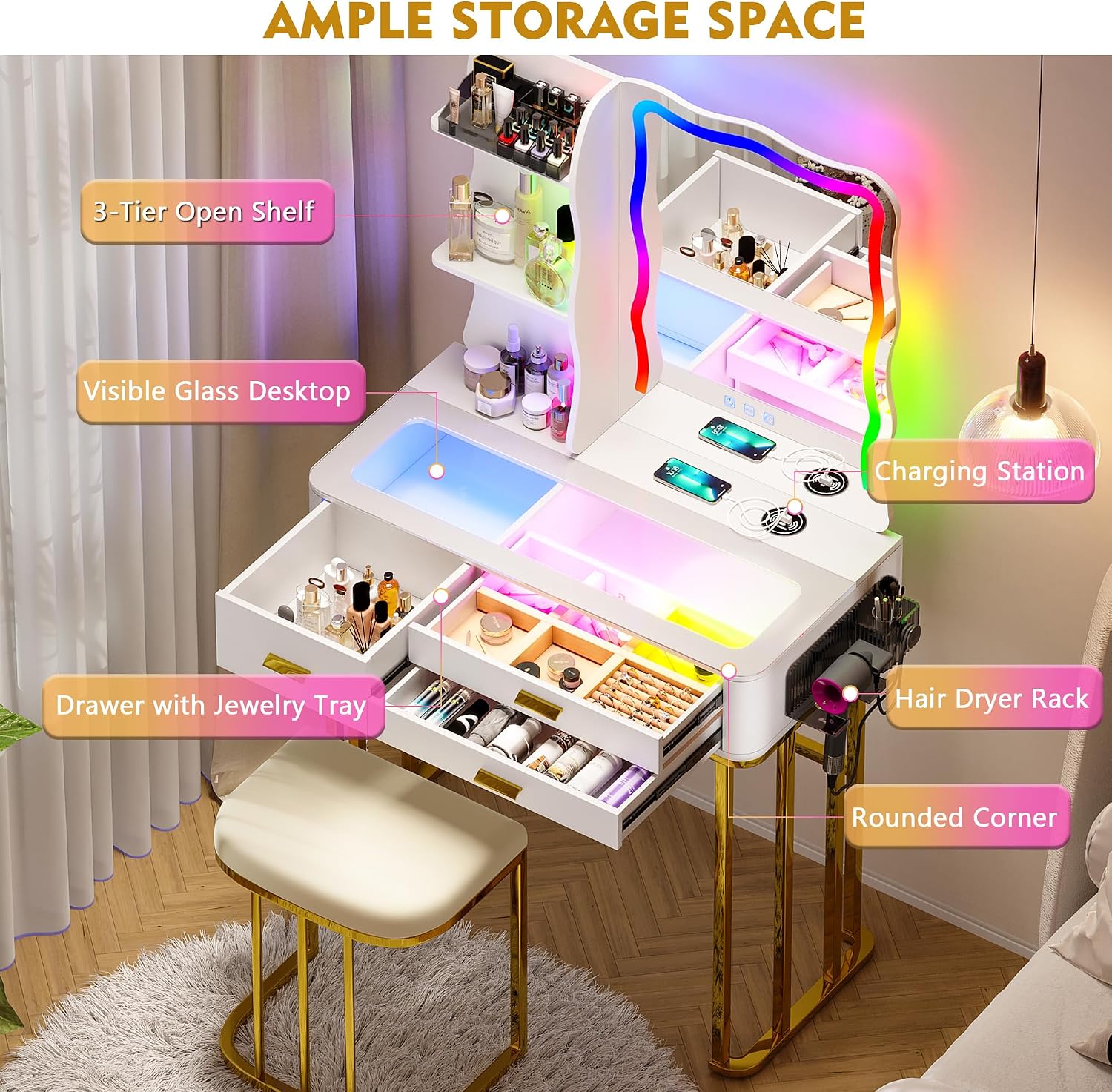 Lvifur RGB Small Vanity Desk with 7 Dynamic & 7 Static Lights, Glass Top Vanity Table with Wireless Charging Station, Make up Vanity Set with Mirror and Cushioned Stool, Gift for Little Girls