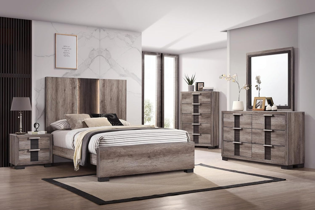 Generic 6Pc Beautiful Master Bedroom Suite Brown Gray Two-Tone Finish King Size LED Light HB Bed Set Solid Wood Wooden Furniture, HSB6830K6pc