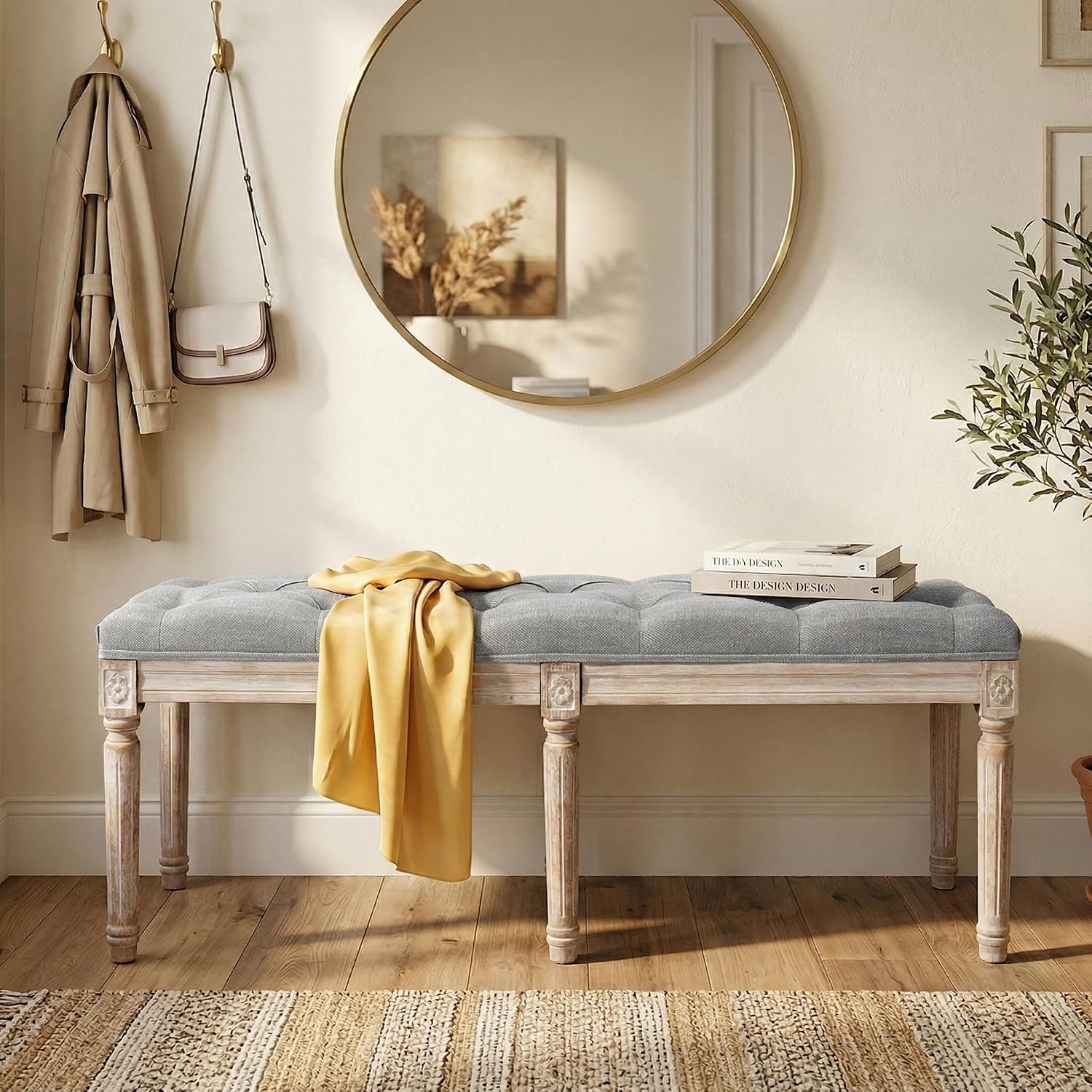 Farmhouse Dining Bench 45' Long Vintage Tufted Bench with Wood Legs Upholstered Entryway Bench Fabric End of Bed Bench for Bedroom Living Room Hallway, Grey