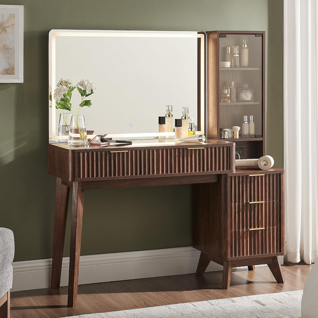 T4TREAM 48' Fluted Makeup Vanity Desk with Large 36' Mirror and Lights, Modern Glass Top Big Vanity Table w/5 Drawers & Adjustable Shelves, Dressing Table w/Charging Station for Bedroom, Dark Walnut