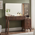 T4TREAM 48' Fluted Makeup Vanity Desk with Large 36' Mirror and Lights, Modern Glass Top Big Vanity Table w/5 Drawers & Adjustable Shelves, Dressing Table w/Charging Station for Bedroom, Dark Walnut