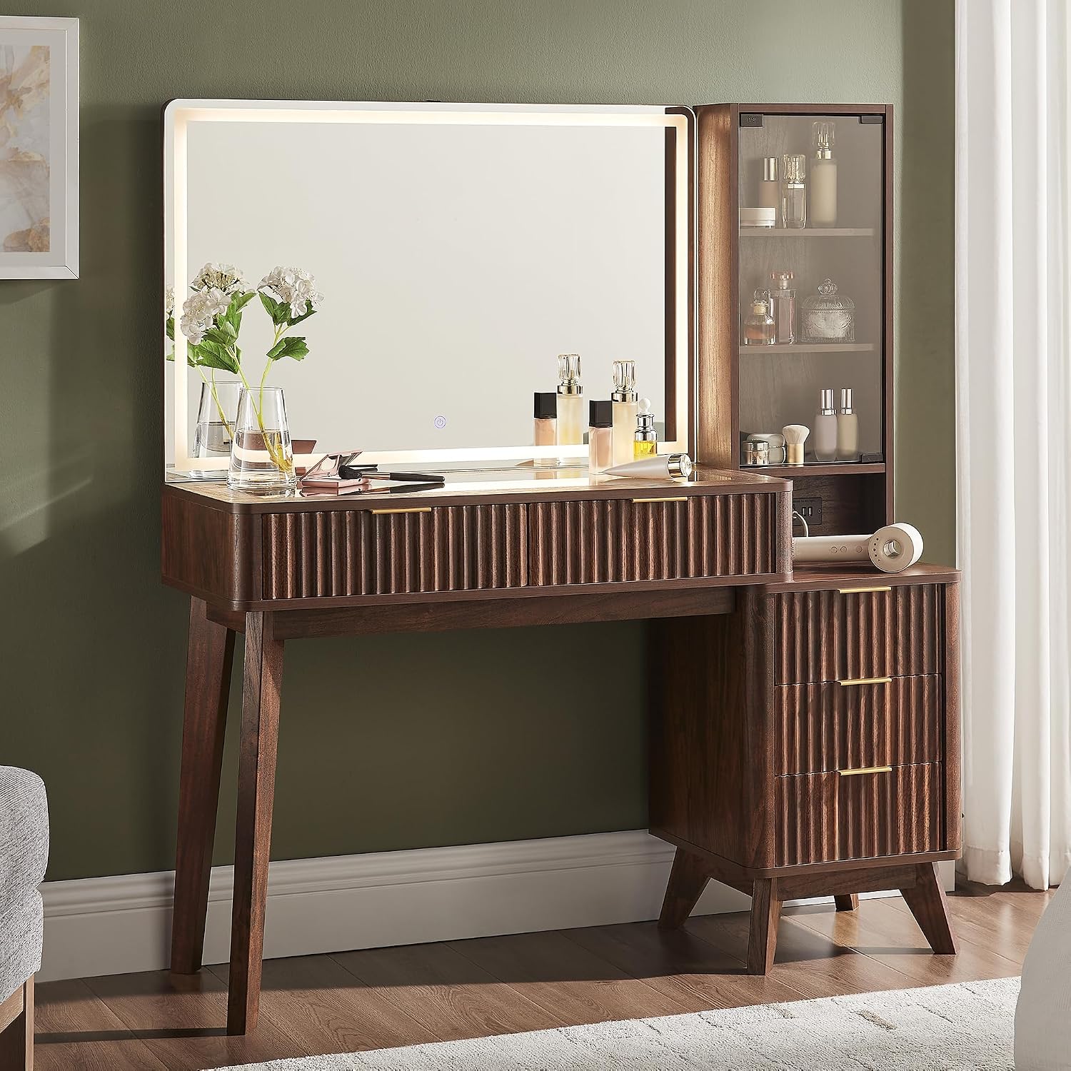 T4TREAM 48' Fluted Makeup Vanity Desk with Large 36' Mirror and Lights, Modern Glass Top Big Vanity Table w/5 Drawers & Adjustable Shelves, Dressing Table w/Charging Station for Bedroom, Dark Walnut