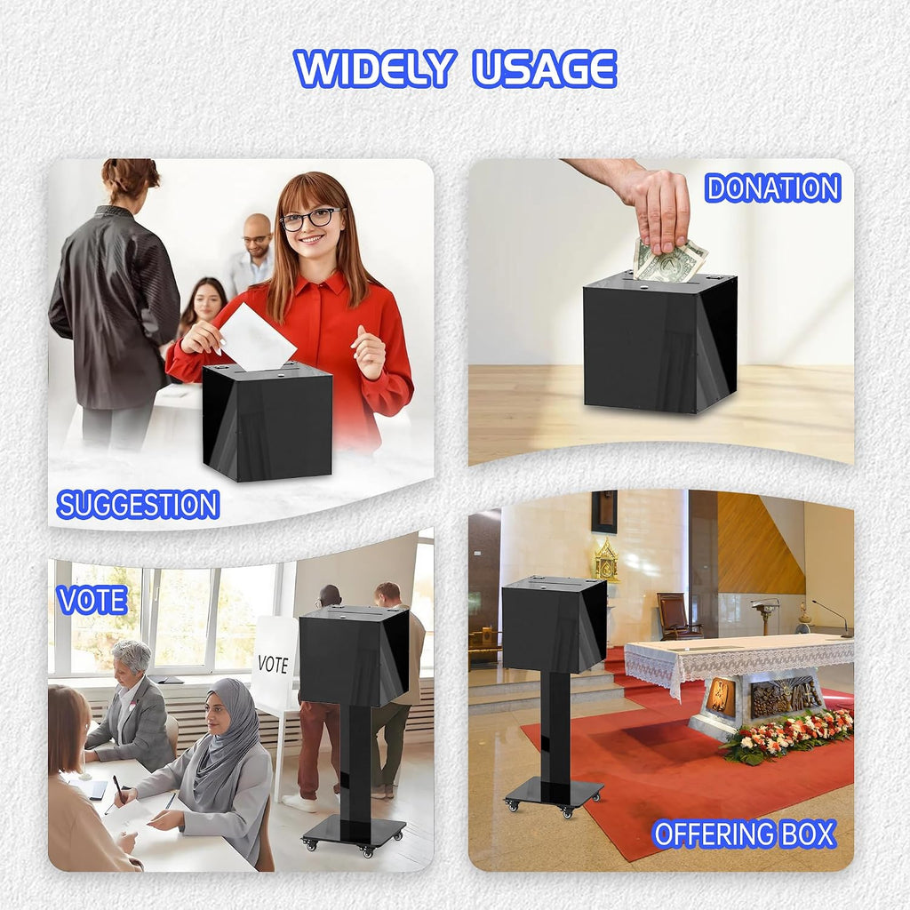 Acrylic Donation Box with Stand on Wheels, Mobile Locking Offering Box for Church & Charity, Private Standing Suggestion Box with Casters for Office, Large Floor Ballot Box, Tithe Box (Opaque Black)