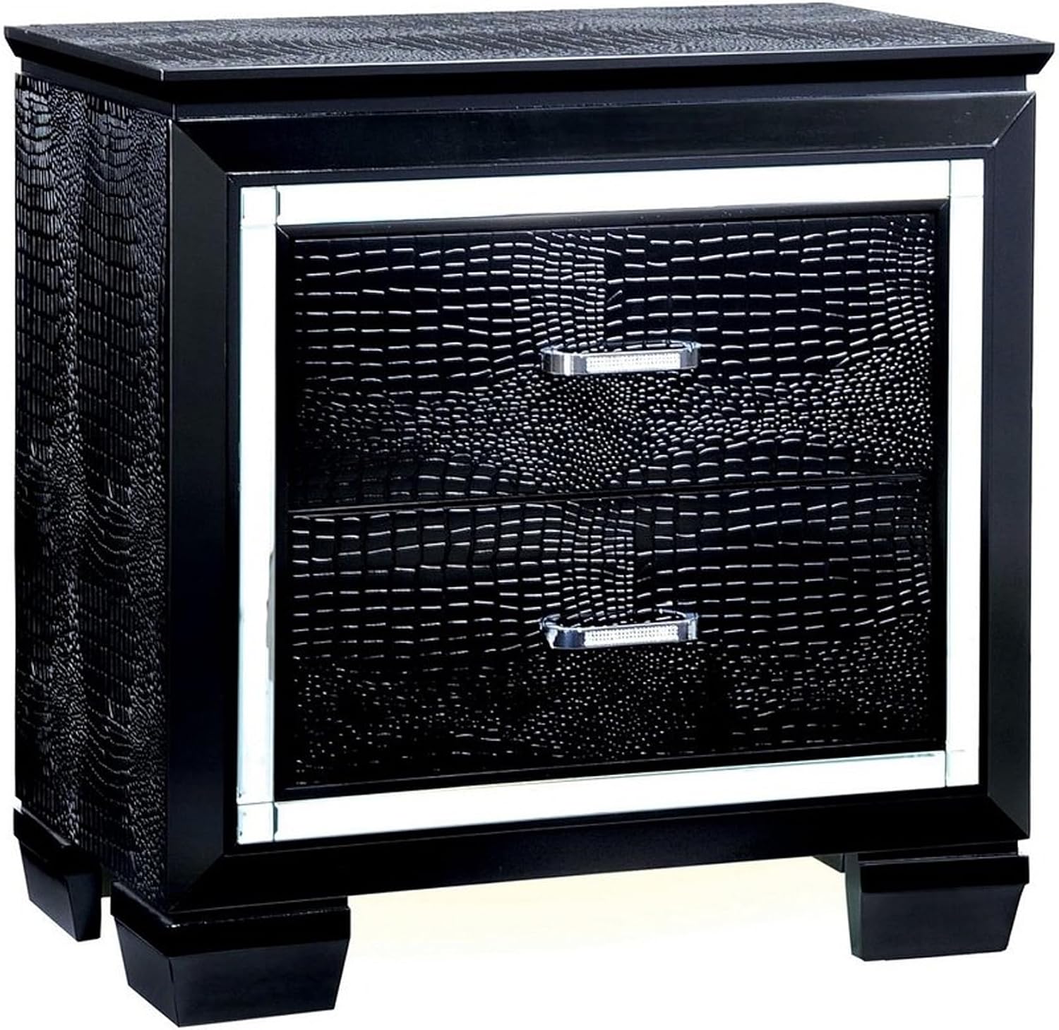 Benjara Kae 4 Piece King Bedroom Set- LED and Mirror Trim- Textured- Black