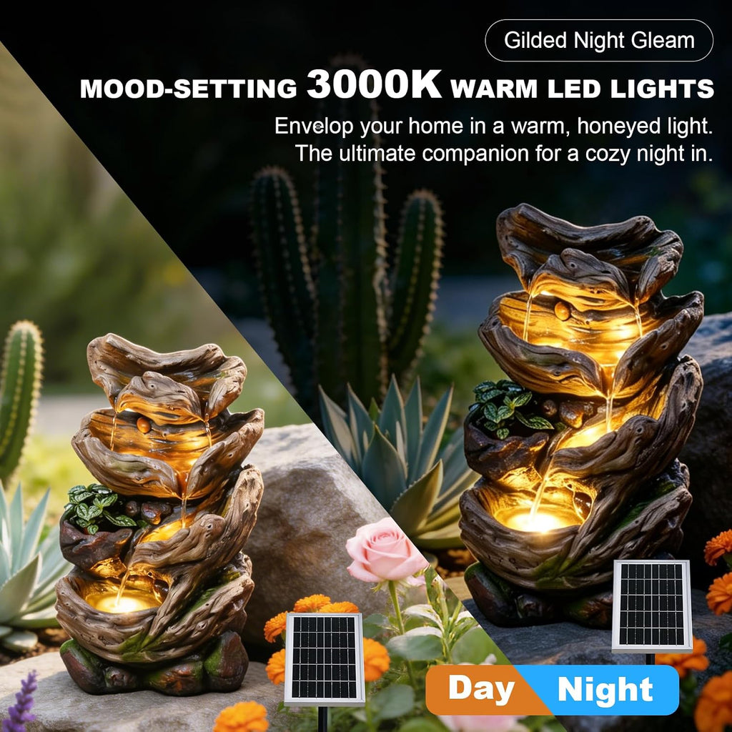 Solar Water Fountain Outdoor, 27' H 4-Tier Realistic Tree Trunk Cascading Waterfall with 4000mAh Battery Backup & 3000K LED Lights, IP64 Weatherproof Resin Fountain for Garden, Patio, Deck Decor