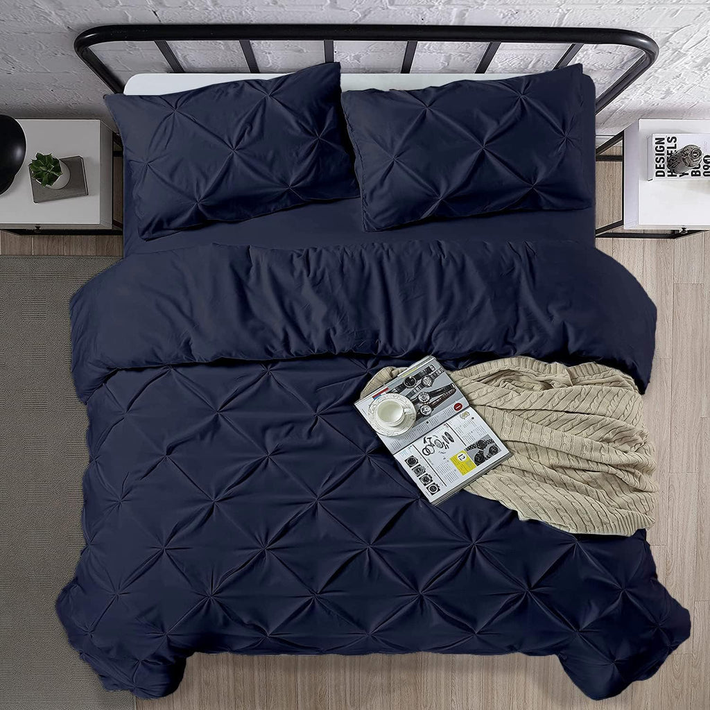 Crown Collection Luxuriate Hotel 1000-TC Hypoallergenic Ultra Soft Design 100% Egyptian Cotton Pinch Plated Duvet Cover with Zipper Colser & 2pcs Pillow Case Set (Super King Plus 120X120) Navy Blue