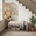 Upholstered Fabric Entryway Bench, Tufted Piano Bench for 2 People, Rubber Wood Legs with Beautiful Carved Pattern for Bedroom/Living Room/Dining Room (Beige)
