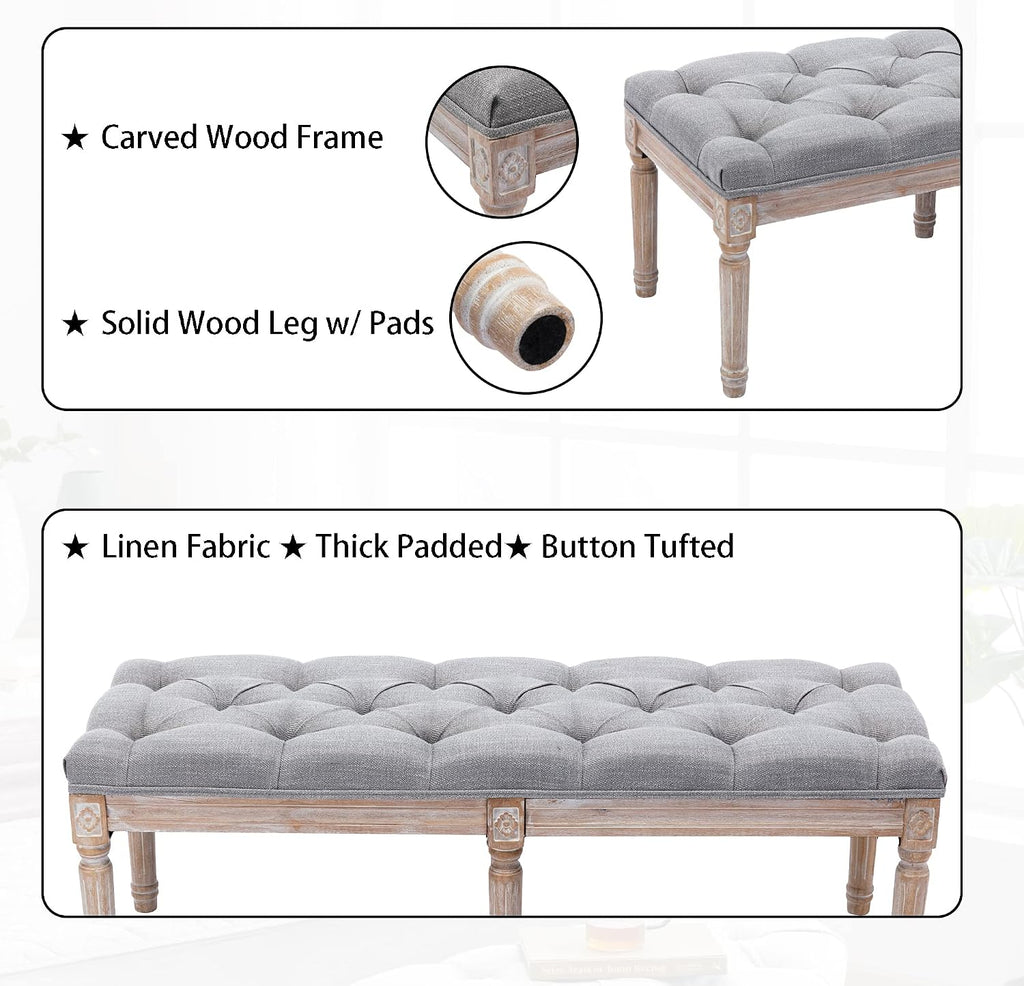 Farmhouse Dining Bench 45' Long Vintage Tufted Bench with Wood Legs Upholstered Entryway Bench Fabric End of Bed Bench for Bedroom Living Room Hallway, Grey