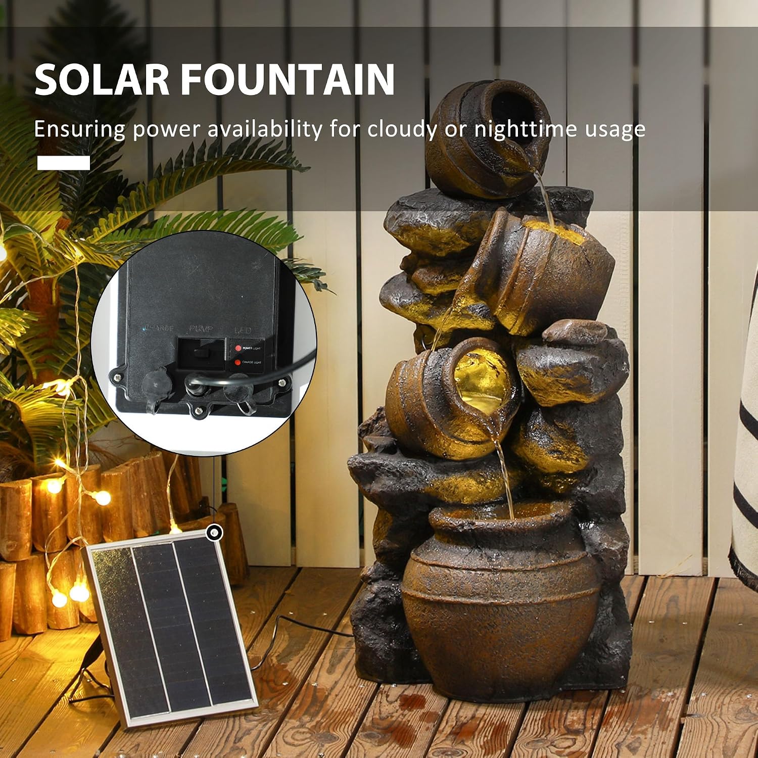 Outsunny 28.3' Tall Solar Powered Outdoor Water Fountain, 4-Tier Floor Standing Resin Cascading Jars and Stacked Stones Waterfall Fountain with LED Lights and Pump for Garden, Patio, Backyard