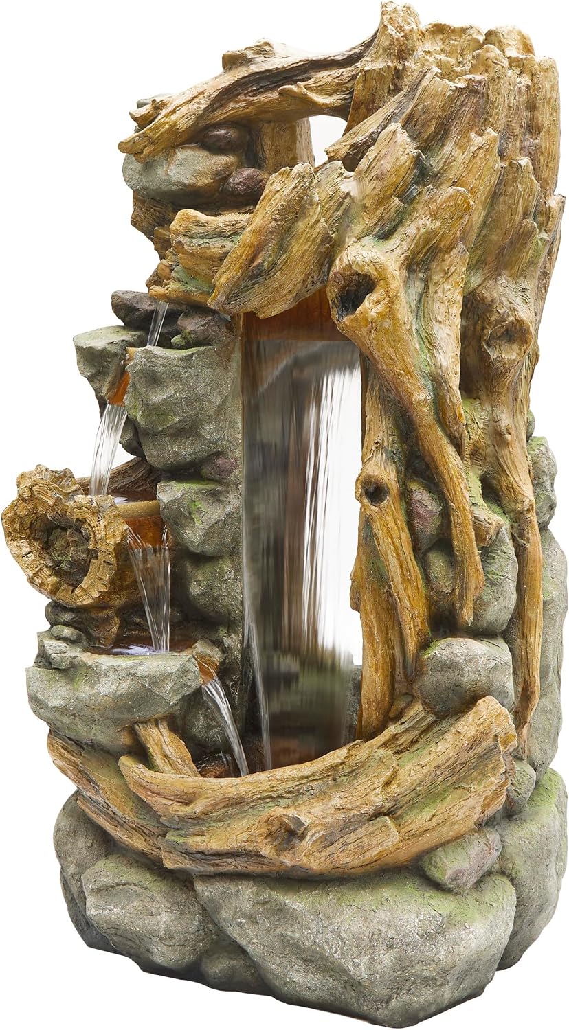 Alpine Corporation TZL404 71' Cascading Tree Trunk Fountain with LED Lights, Outdoor Waterfall Water Feature for Garden, Patio, Lawn & Backyard Decor, Relaxing Water Feature with Rustic Design