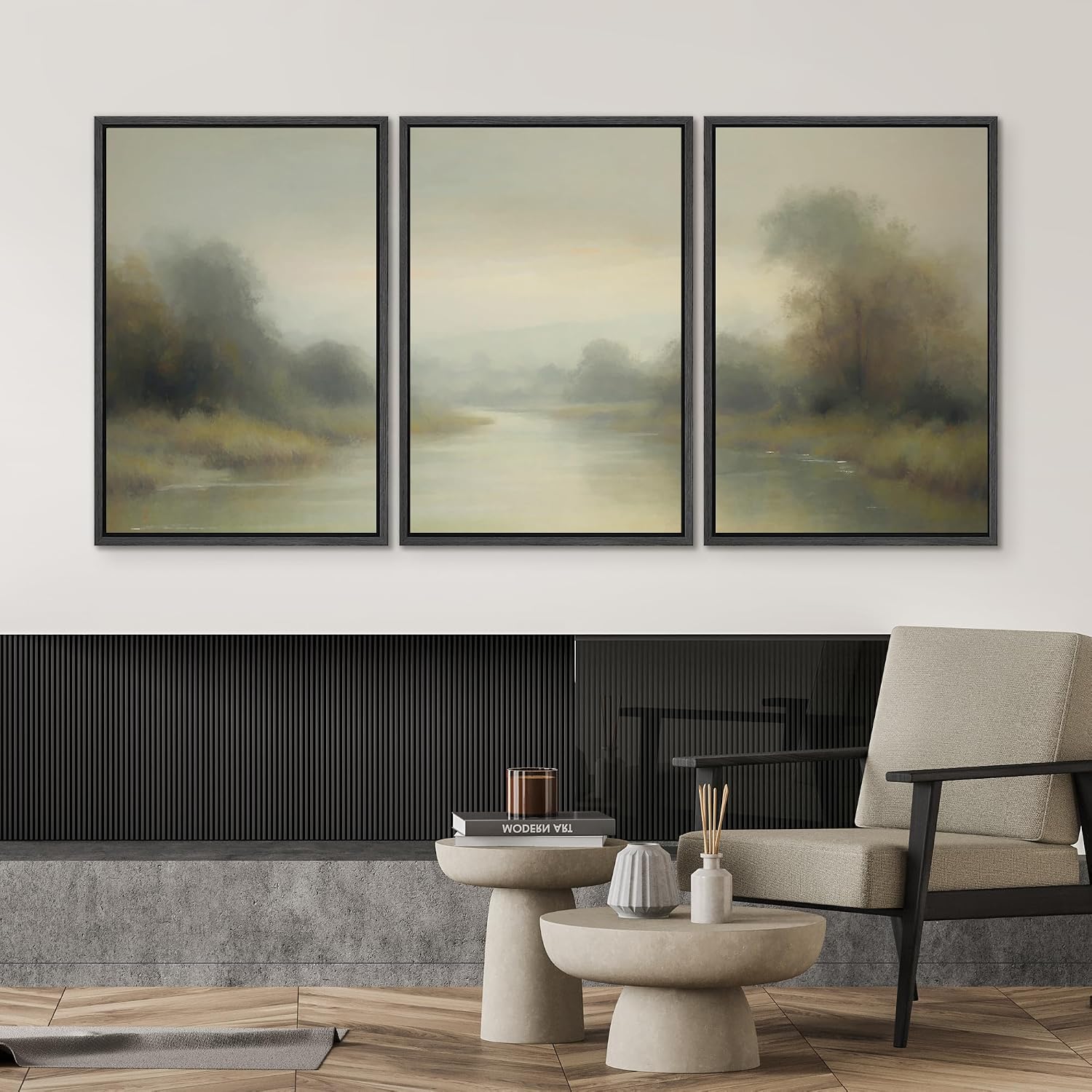 SIGNWIN Framed Wall Art Print Set Misty River Landscape Soft Neutral Nature Scene Photography Modern Art Closeup Relax/Calm Dark for Living Room, Bedroom, Office - 24'x36'x3 Black