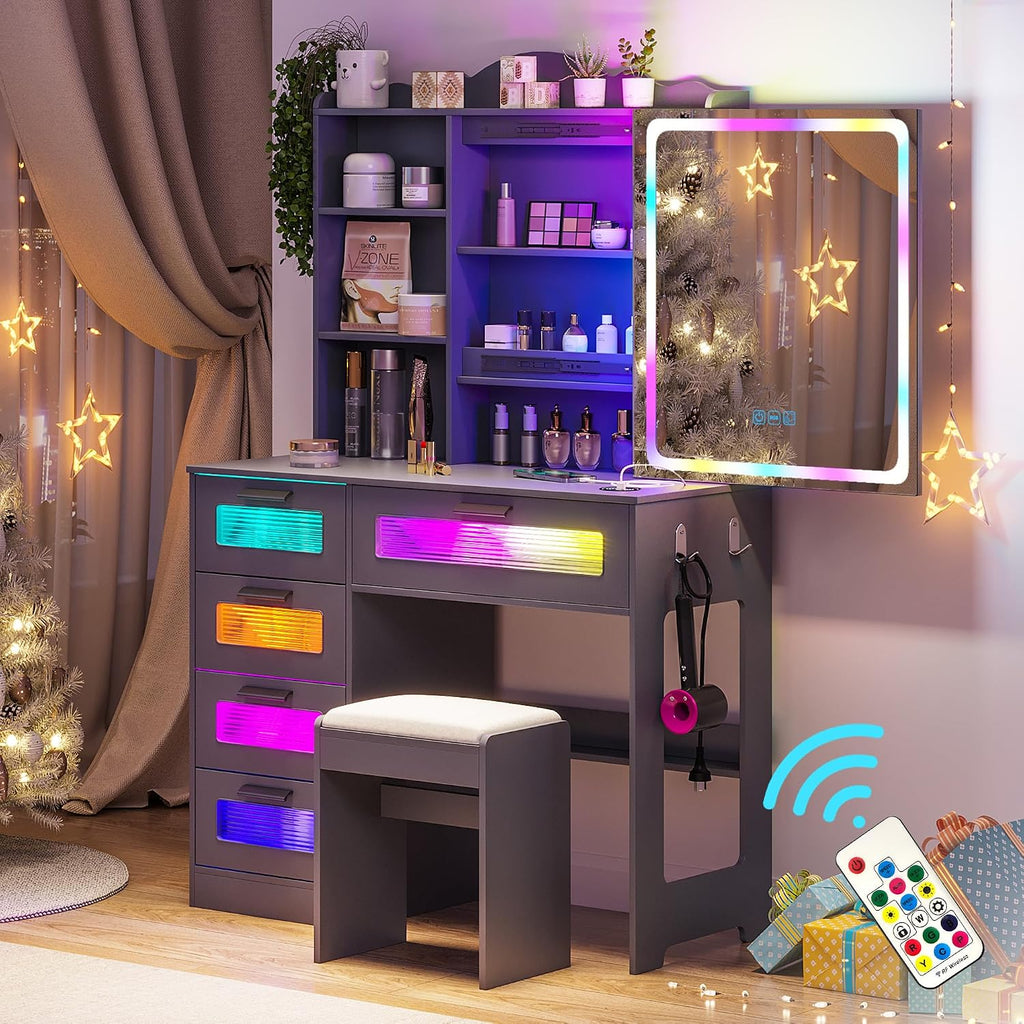 WOOVIVS Vanity with LED Mirror, 6 Drawer Dresser with Charging Station for Bedroom, Small Makeup Vanitys Table with RGB Light, Vanity Set with Chair,Jewelry Organizer for Girls-Grey