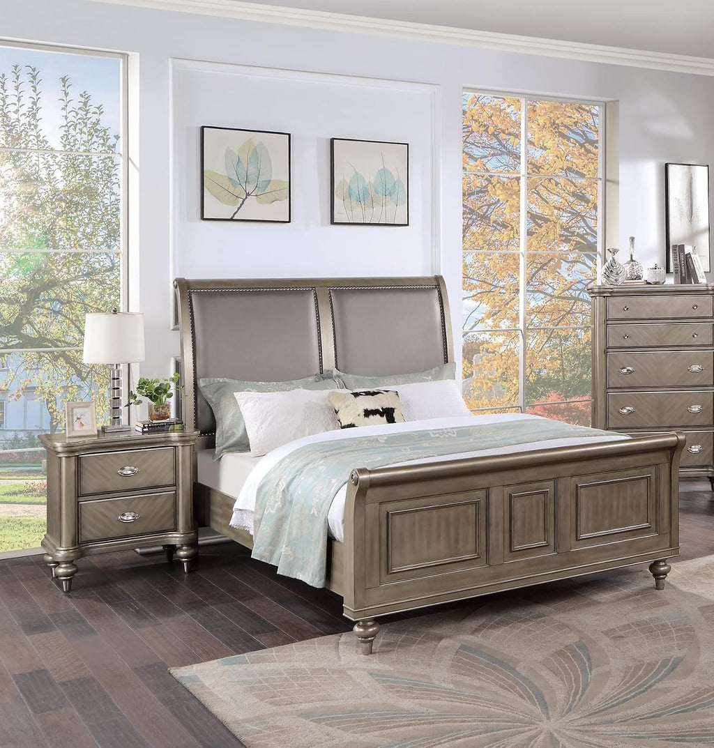 Luxury Majestic Grey Finish 3pc California King Size Bed Set 2X Nightstands Sleigh Bed Formal Styled Bedroom Furniture Upholstered Headboard Unique Footboard