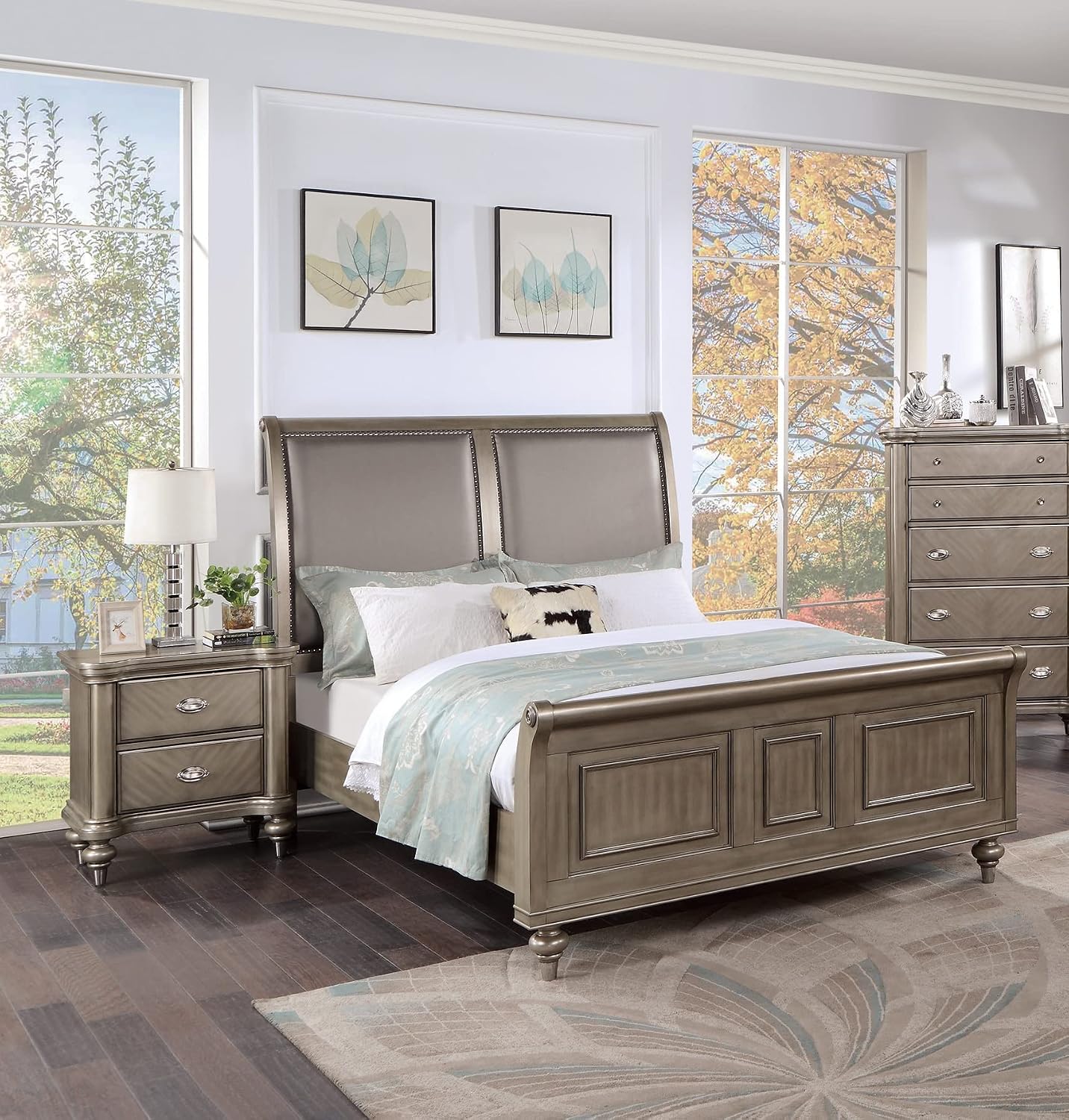 Luxury Majestic Grey Finish 3pc California King Size Bed Set 2X Nightstands Sleigh Bed Formal Styled Bedroom Furniture Upholstered Headboard Unique Footboard