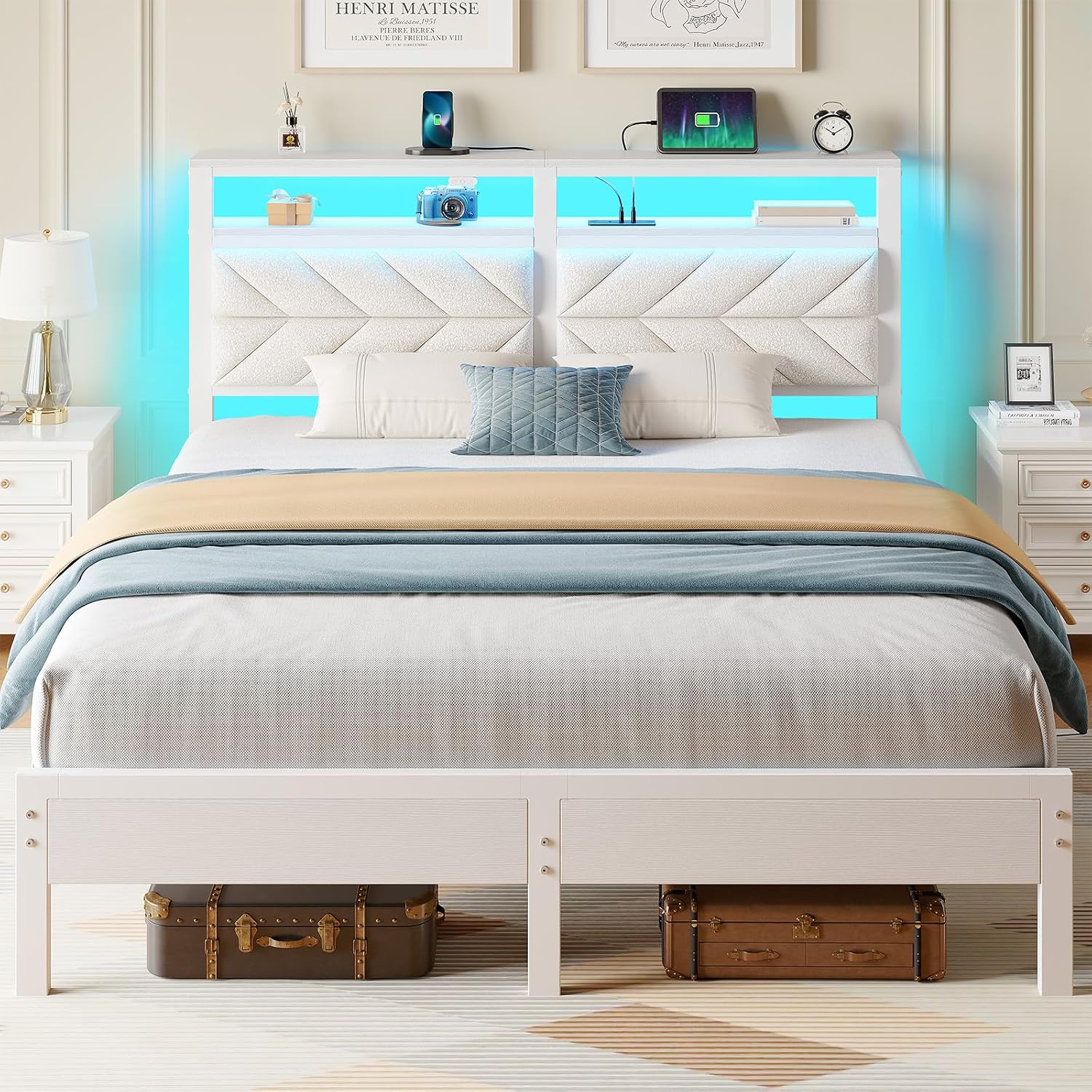 Seventable Bed Frame Full Size with Charging Station, LED Bed with Upholstered Storage Headboard, Metal Platform Bed with Under Bed Storage, No Box Spring Needed, Noise Free, Easy Assembly, White