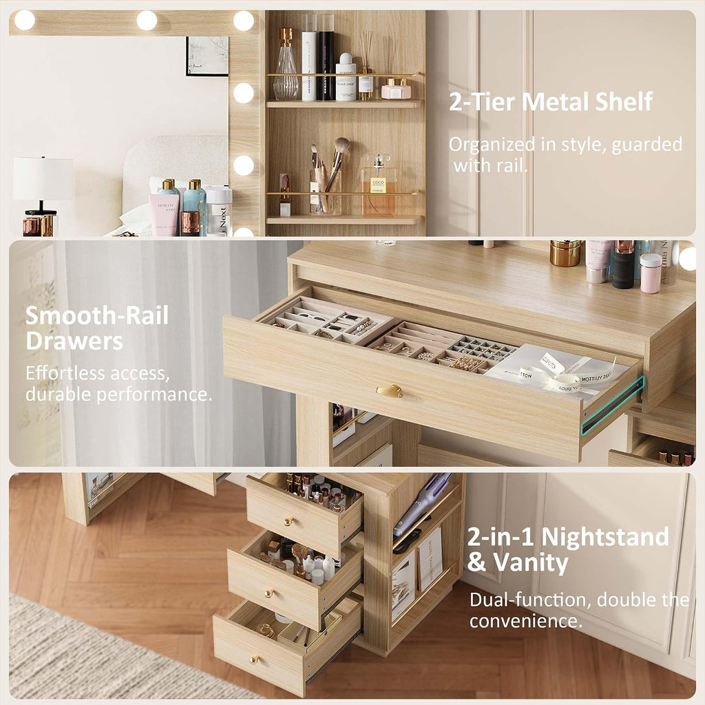 Makeup Vanity Desk with 3 Colors Lights and Mirror, Vanity Table with 10 LED Bulbs & Power Outlet, Large Dressing Table with 6 Storage Shelvess, 4 Drawer for Bedroom, Women and Girls, Oak