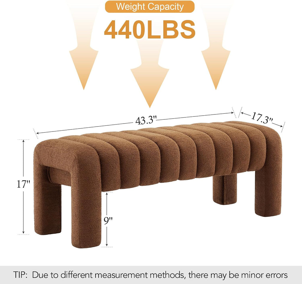 43' Upholstered Boucle Bench Bedroom, Padded Ottoman Bench, Sherpa Window Seat for Living Room Entryway End of Bed, Rust Brown