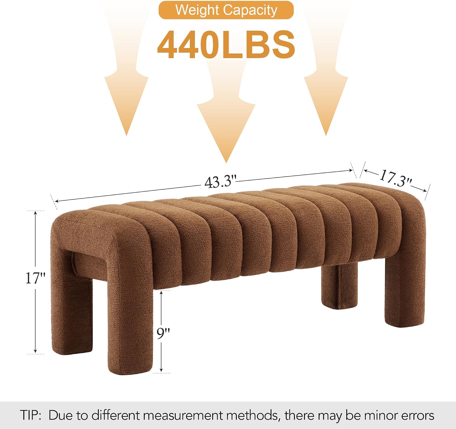 43' Upholstered Boucle Bench Bedroom, Padded Ottoman Bench, Sherpa Window Seat for Living Room Entryway End of Bed, Rust Brown