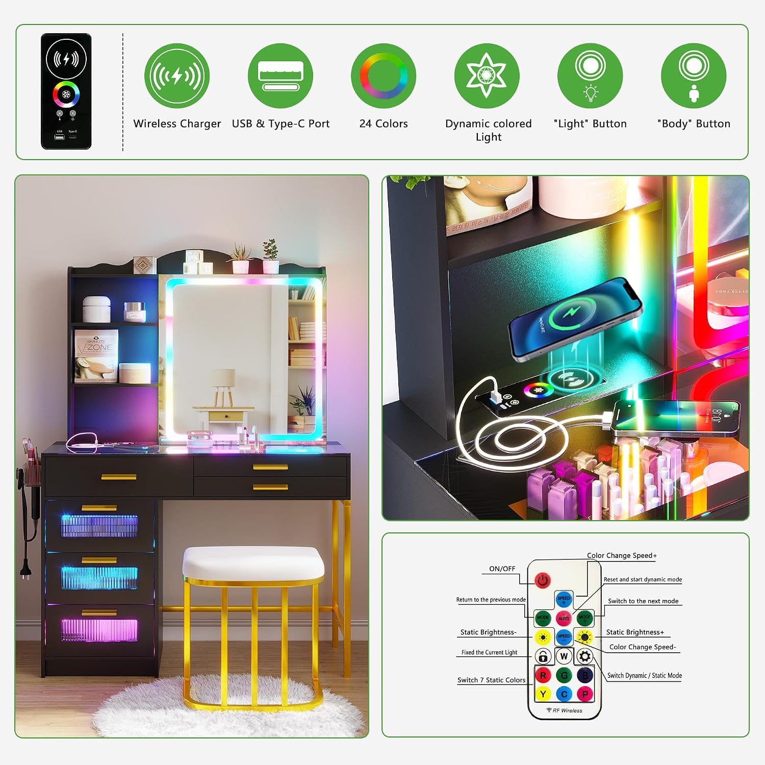 HENBC Vanity Desk with Sliding Mirror and Glass Desktop, LED Vanitys Mirror with RGB Lights Desk and Chair, Dressers Table Set with Charging Station/Makeup Organizer/6 Drawers for Bedroom(Black)