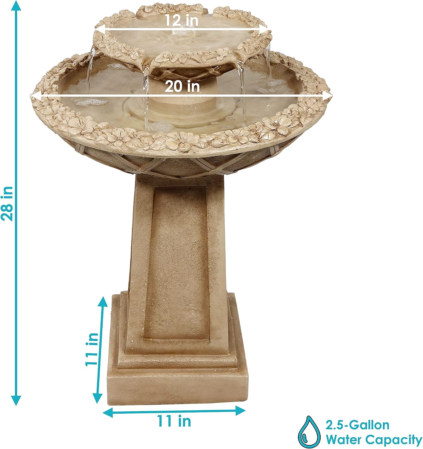 Sunnydaze Beveled Flower 28-Inch 2-Tier Outdoor Water Fountain - Backyard Water Feature & Bird Bath for Patio, Yard or Deck