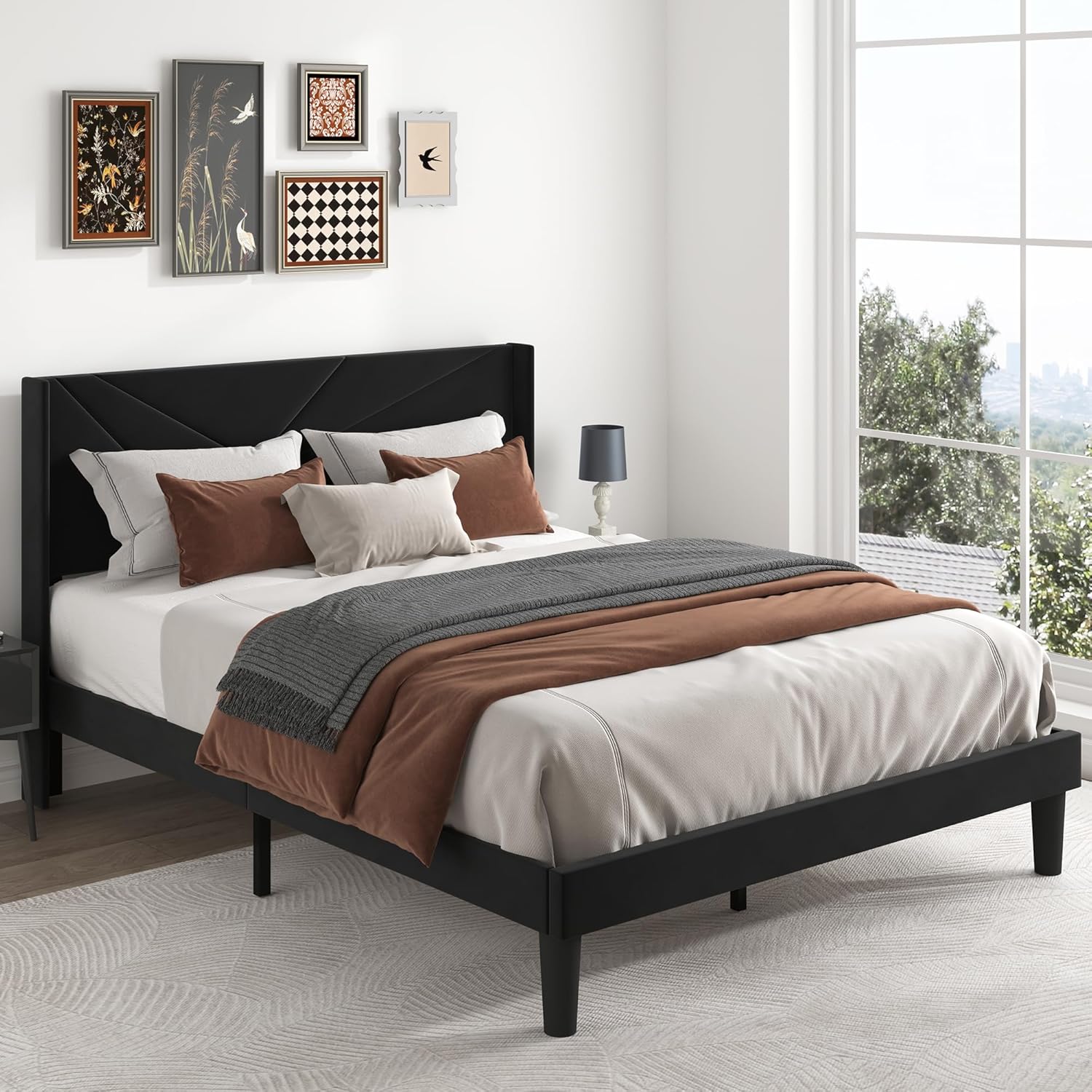 Queen Size Bed Frame with Upholstered Wingback Headboard, Easy Assemnly Platform Bed and Heavy Duty Wooden Slats Support, Noise-Free, No Box Spring Needed (Black, Queen)