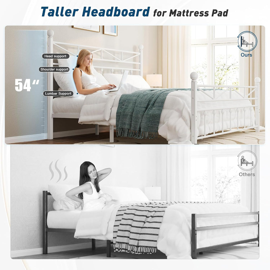 EnHomee 14.2' Metal Full Size Bed Frame with Tall Headboard & Footboard, LED Light Full Bed Frame, Strong Metal Slats Support and Noise-Free Design with Under Bed Storage/No Box Spring Needed/White