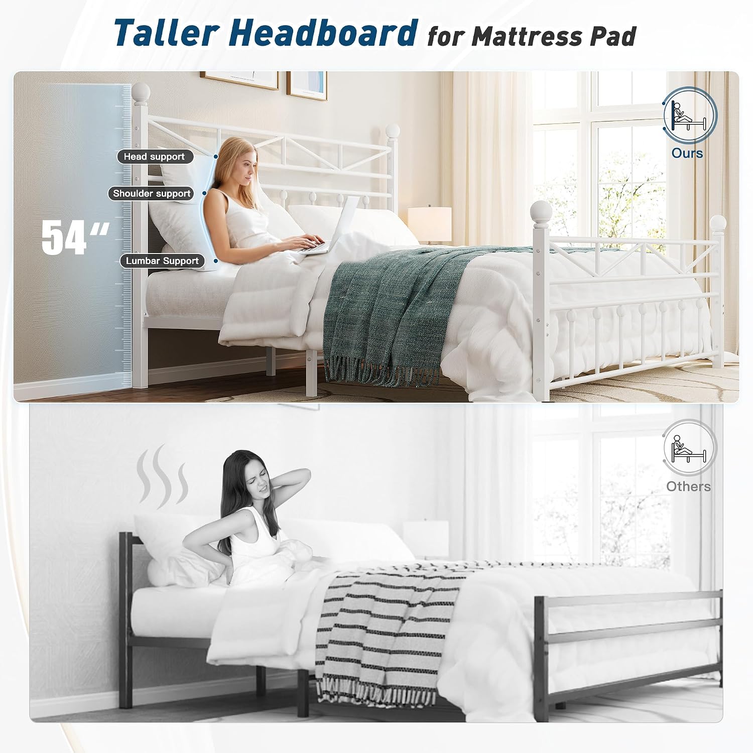EnHomee 14.2' Metal Full Size Bed Frame with Tall Headboard & Footboard, LED Light Full Bed Frame, Strong Metal Slats Support and Noise-Free Design with Under Bed Storage/No Box Spring Needed/White