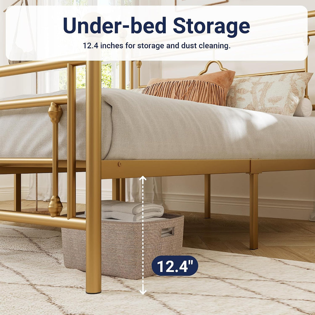 Allewie Full Size Metal Platform Bed Frame with Victorian Vintage Headboard and Footboard/Mattress Foundation/Under Bed Storage/No Box Spring Needed/Noise-Free/Easy Assembly, Gold