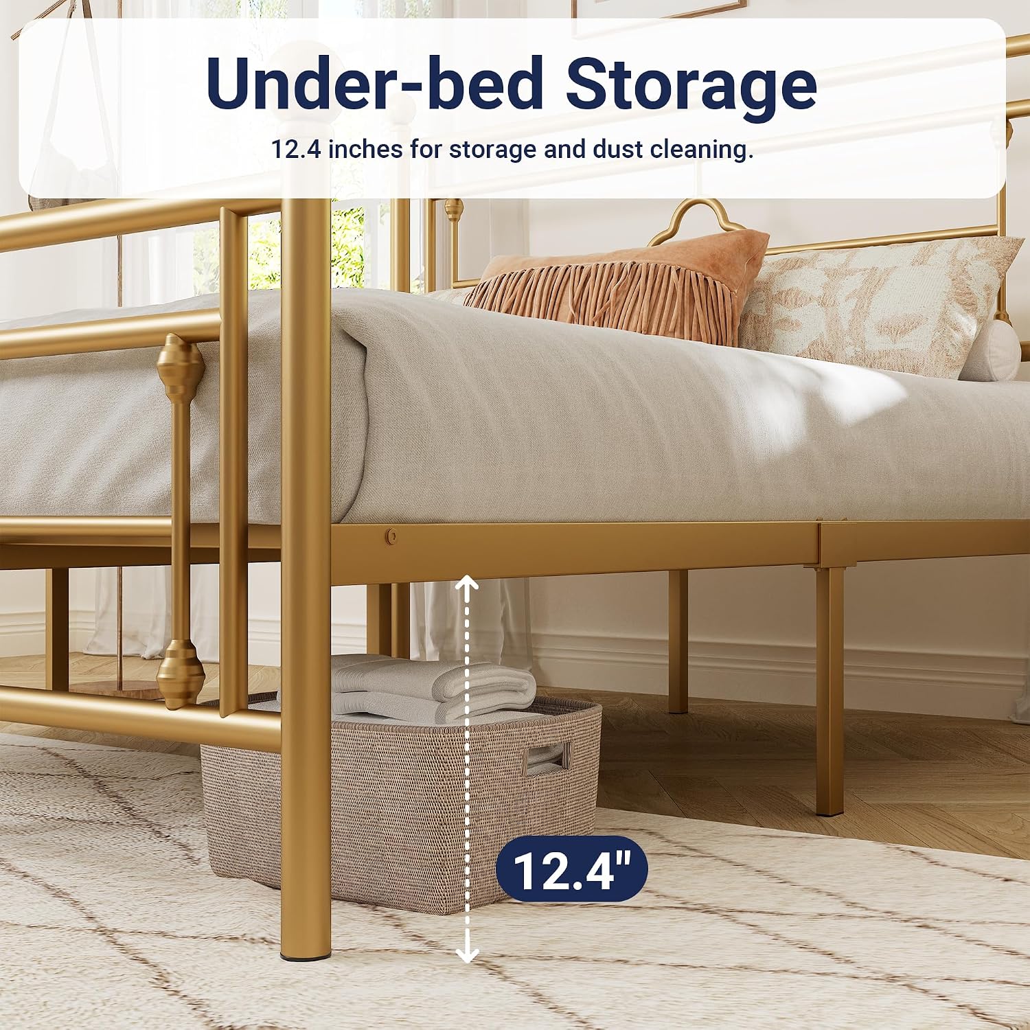 Allewie Full Size Metal Platform Bed Frame with Victorian Vintage Headboard and Footboard/Mattress Foundation/Under Bed Storage/No Box Spring Needed/Noise-Free/Easy Assembly, Gold