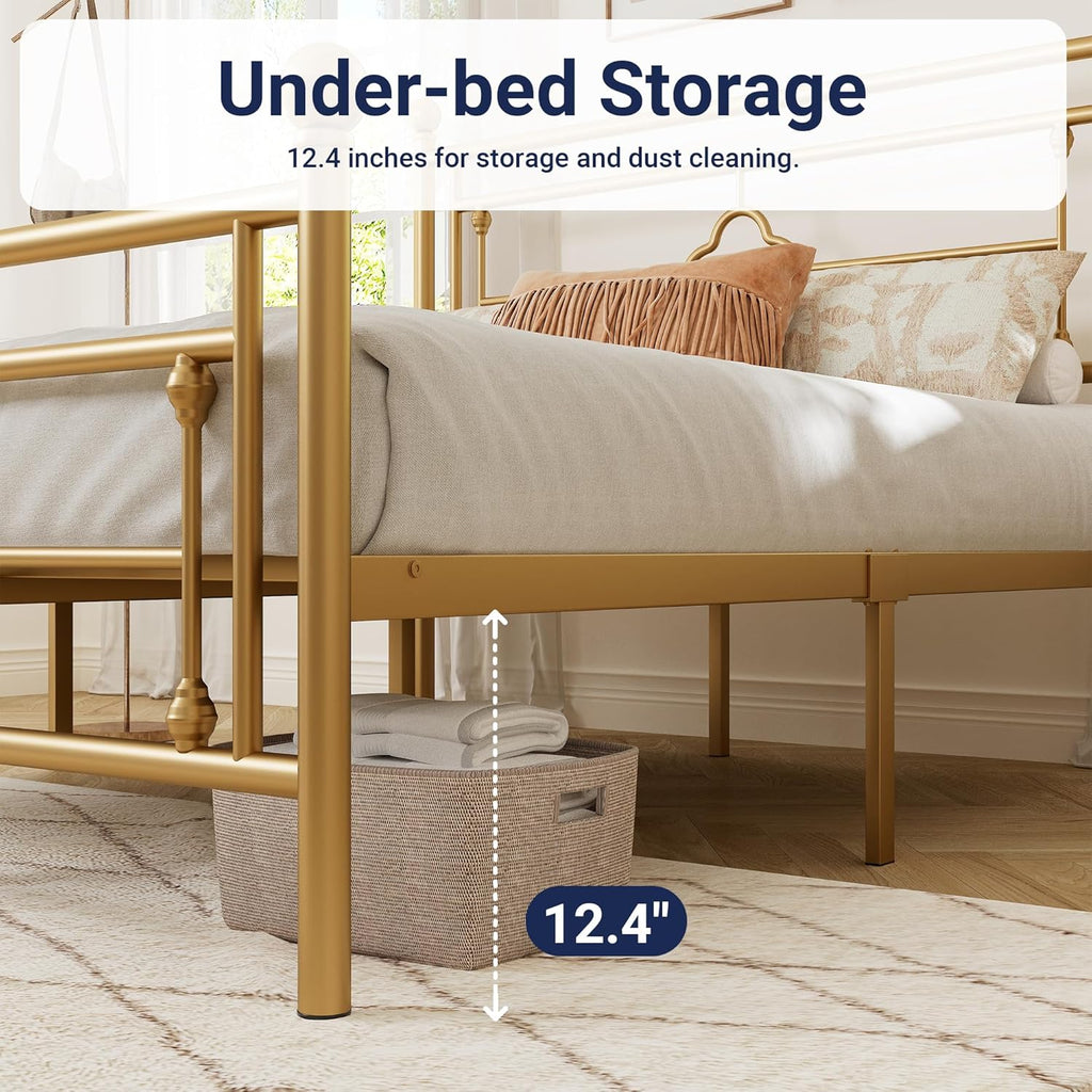 Allewie Queen Size Metal Platform Bed Frame with Victorian Vintage Headboard and Footboard/Mattress Foundation/Under Bed Storage/No Box Spring Needed/Noise-Free/Easy Assembly, Gold