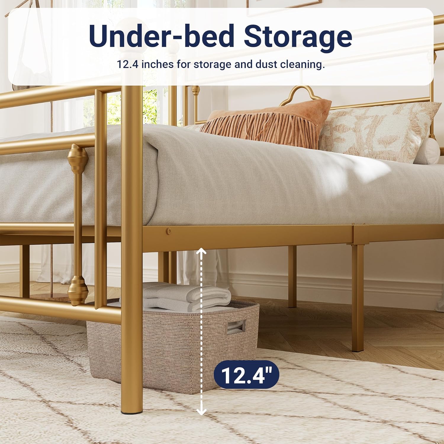 Allewie Queen Size Metal Platform Bed Frame with Victorian Vintage Headboard and Footboard/Mattress Foundation/Under Bed Storage/No Box Spring Needed/Noise-Free/Easy Assembly, Gold