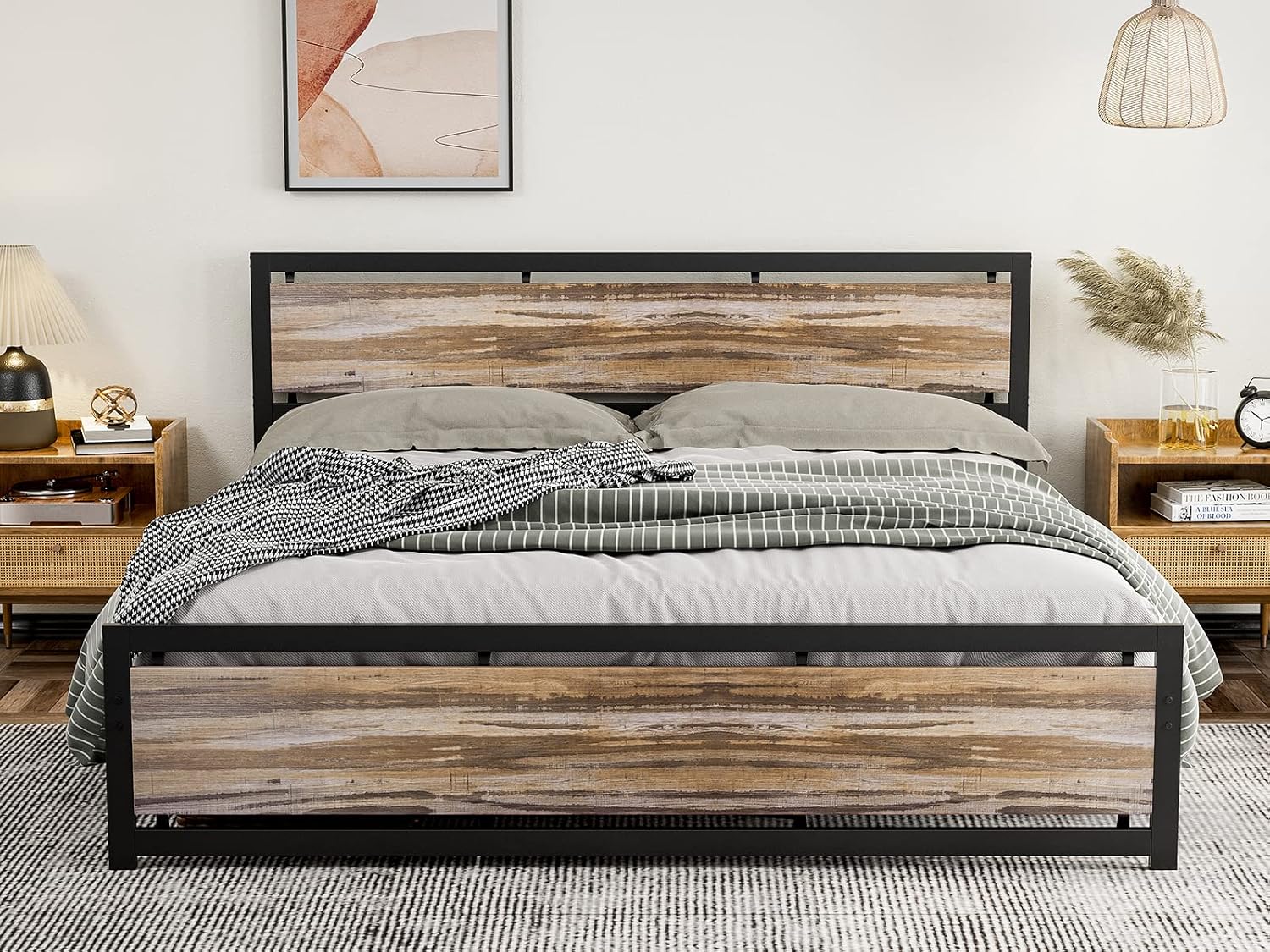 IKIFLY California King Size Metal Bed Frame/Industrial Cal King Platform Bed with Wooden Headboard Footboard/Heavy Duty Steel Slats Support/No Box Spring Needed（Cal King, Light Brown）