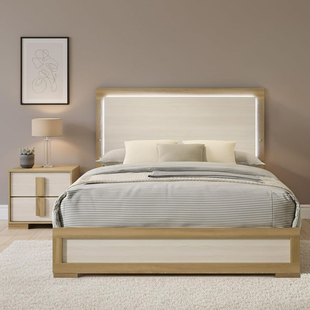 Kings Brand Furniture Boone 2-Piece Bedroom Set – Bed Frame with LED Headboard & 1 Nightstand, Natural/White Wood Finish, Slim-Profile Modern Design (King)