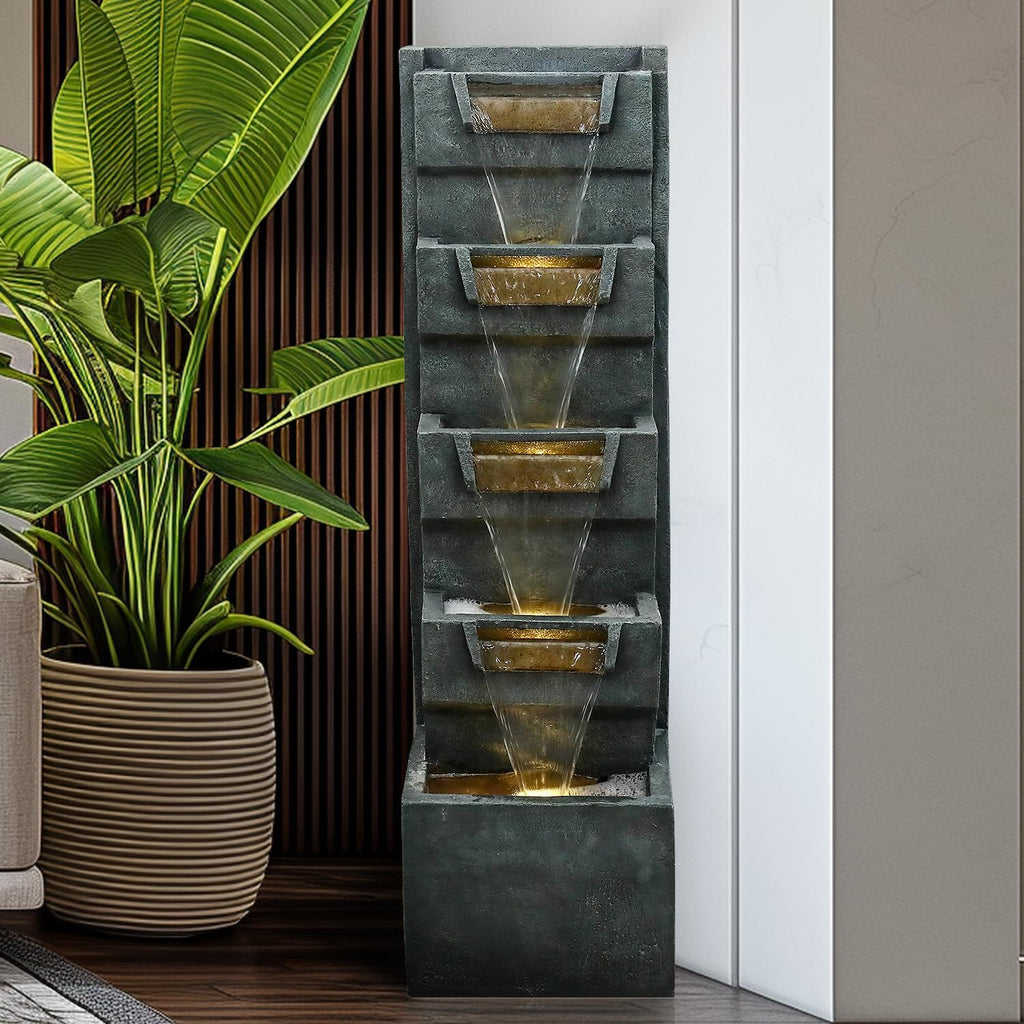SunJet 39.3inches High Modern Water Fountain – 5-Tier Outdoor/Indoor Water Fountain with Soothing Water Sounds & Warm LED Light, Perfect for Garden, Patio, Home & Office