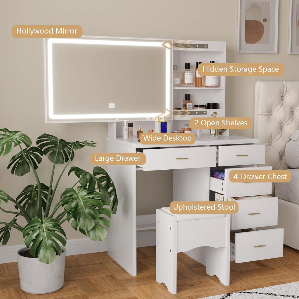 Vanity Desk with Mirror and Lights, 31.5' Makeup Vanity with Sliding Mirror and 3 Light Modes, Modern Vanity Table with 5 Drawers, Hidden and Open Storage Shelves, Makeup Desk for Bedroom, White