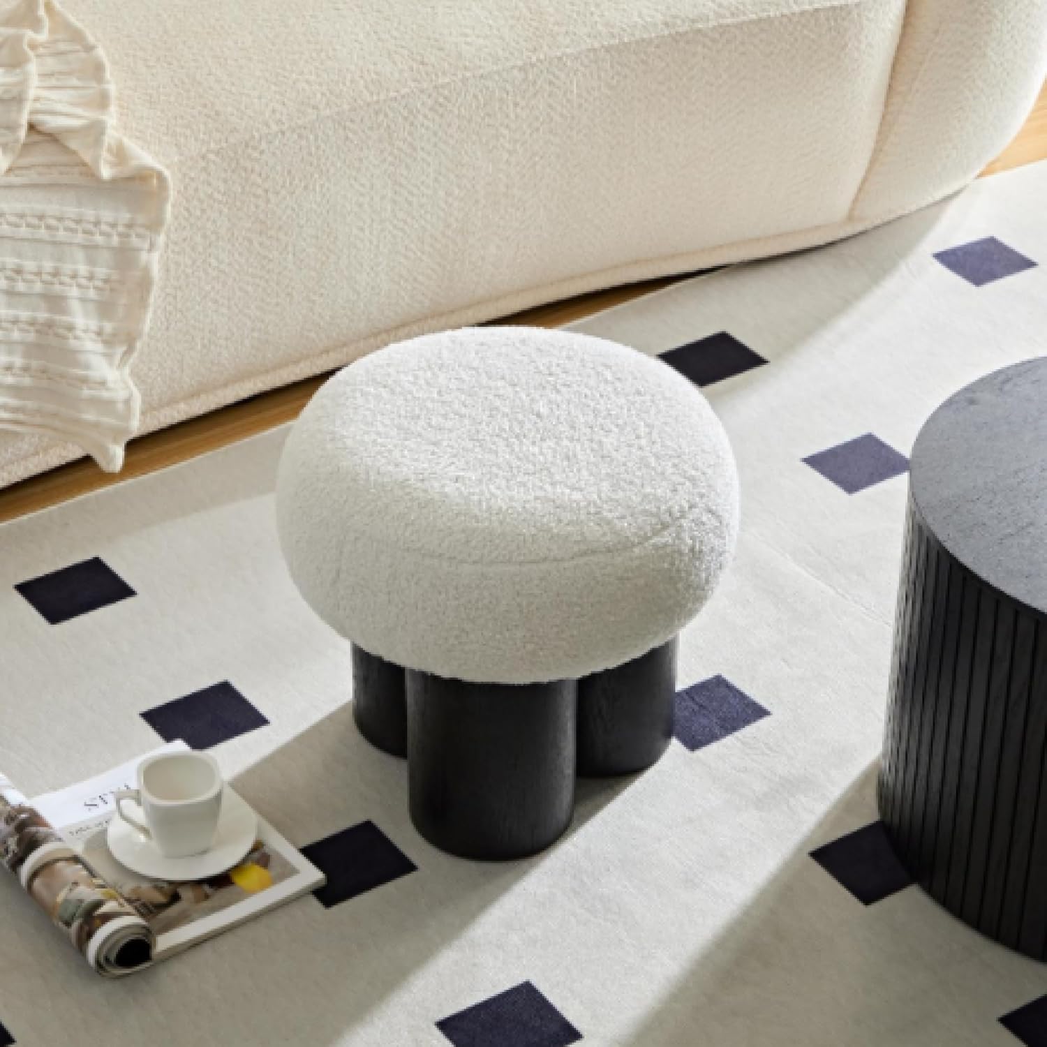Mushroom Ottoman Stool with Teddy Fabric Upholstery, Round Foot Rest Seat, Walnut Veneer Look Barrel Base, Accent Vanity Seating for Entryway Living Room Bedroom Sofa Side Corner Decor (Black)