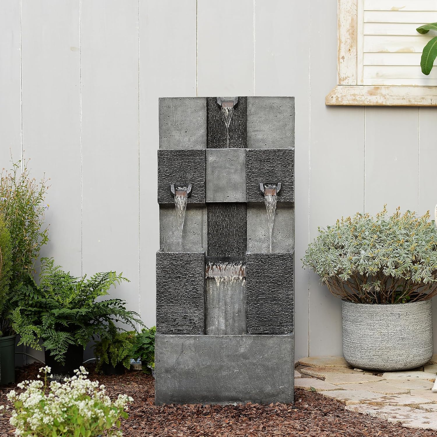 Bumilgar 44.8' H Modern Outdoor Water Fountain with LED Lights and Pump, Mutiply-Tier Standing Cascading Waterfall - Modern Design for Garden,Patio,Yard, Multi-Level Outdoor Decor (Gray)