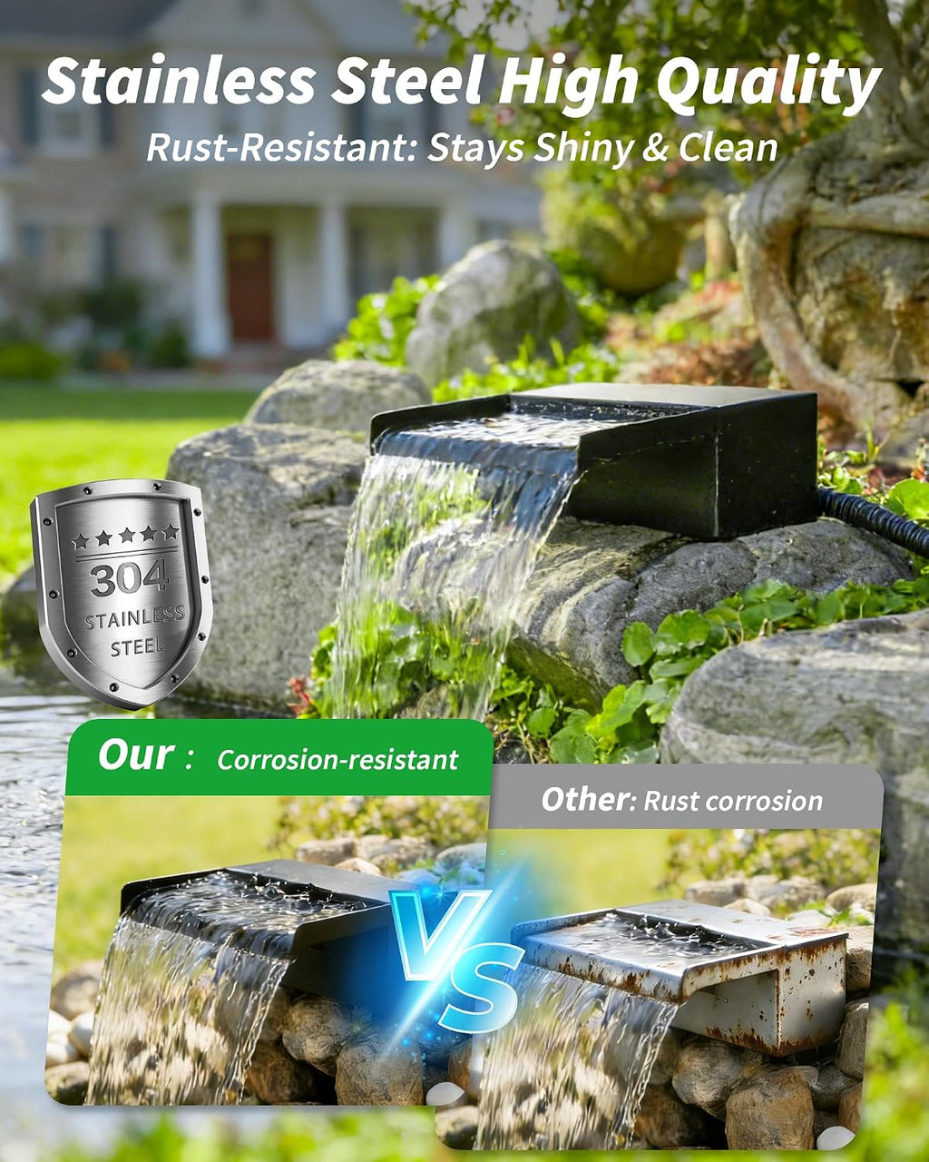 POPOSOAP 55W Solar Pond Waterfall Spillway with Fountain Pump, 304 Stainless Steel Pond Spillway & Filtration System with 9.8FT Tubing for Garden Ponds Landscape Water Features-P5552Y