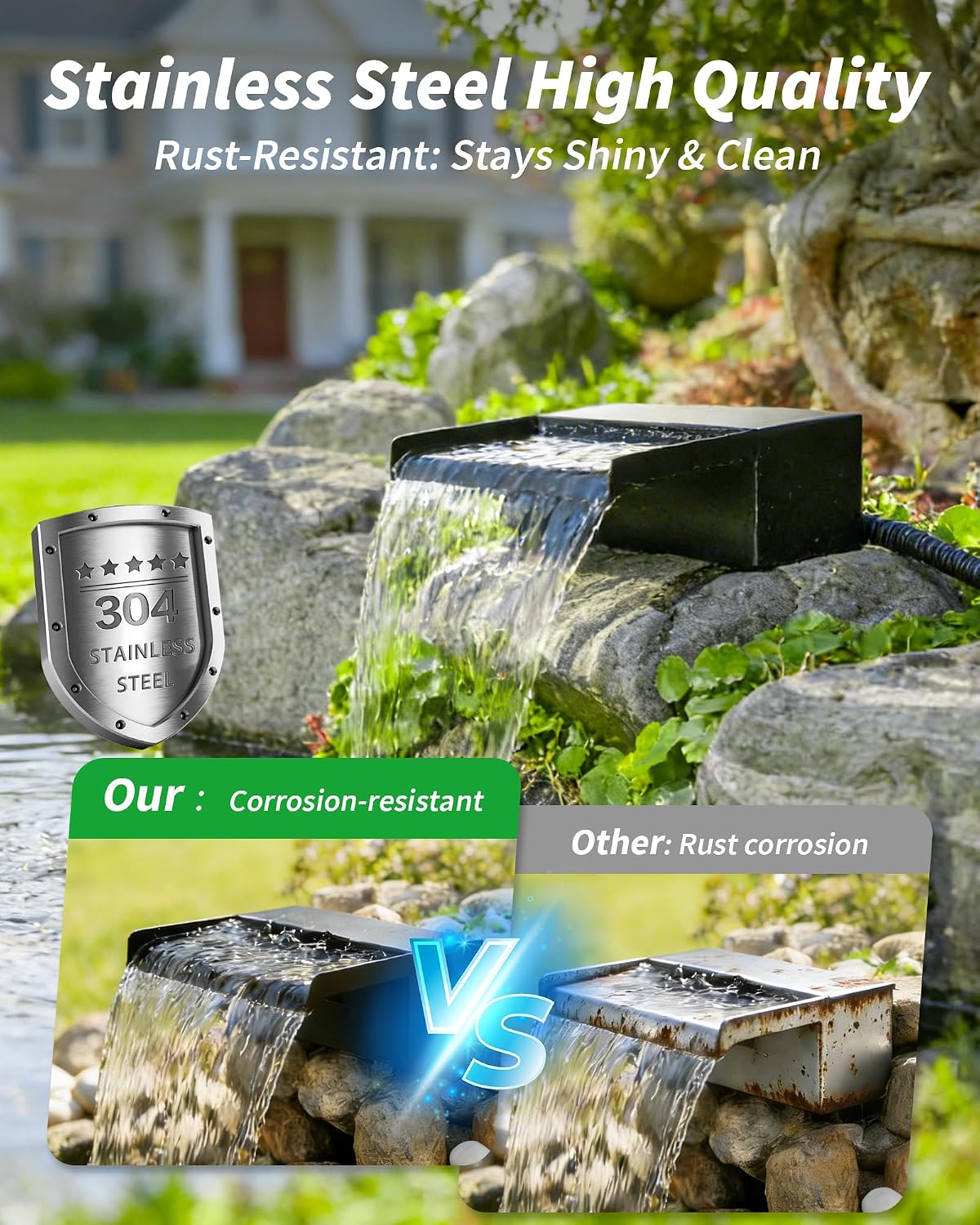 POPOSOAP 55W Solar Pond Waterfall Spillway with Fountain Pump, 304 Stainless Steel Pond Spillway & Filtration System with 9.8FT Tubing for Garden Ponds Landscape Water Features-P5552Y
