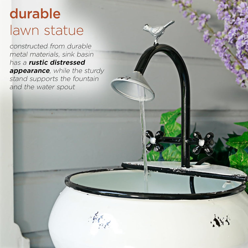Alpine Corporation YHL170 32' Indoor/Outdoor Antique Metal Sink Water Fountain with Stand – Charming Waterfall Feature for Garden, Patio & Home Decor, White
