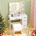 CHARMAID Vanity Desk with Mirror and Lights, Glass Top Makeup Vanity Table with Charging Station, Drawers & Shelves, Storage Stool, 3-Color Lighted Mirror, Modern White Dressing Table for Bedroom