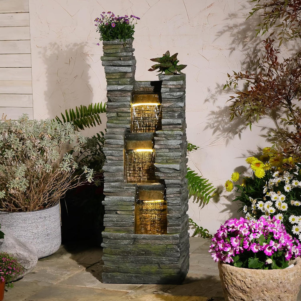 Bumilgar 47' H Garden Water Fountain Outdoor with LED Lights & Pump, 3-Tier Cascading Outdoor Fountain for Garden,Patio,Porch,Backyard,Home Art Decor (Gray)