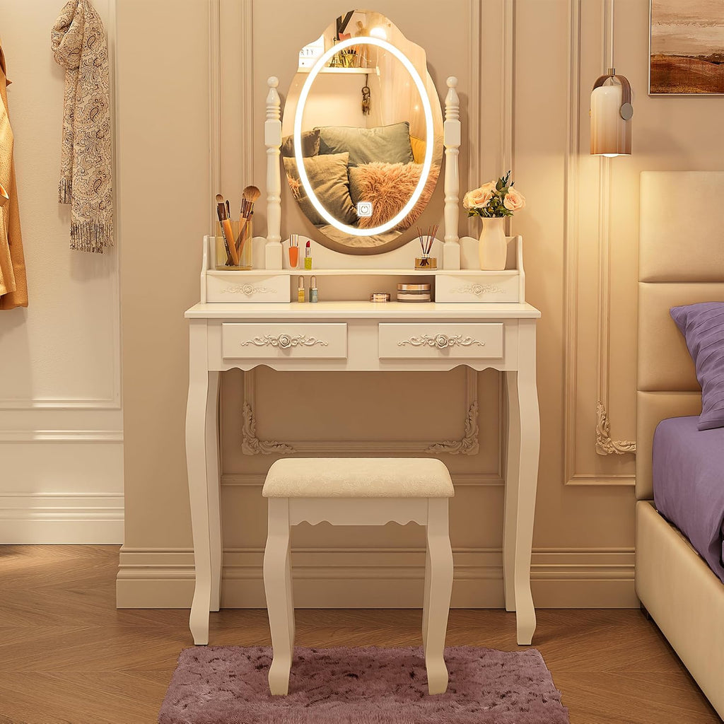 Whalefall Vanity Desk with LED Lighted Mirror & 4 Drawers, Makeup Vanity Table with Cushion Stool, 3 Color Modes & Adjustable Brightness Dressing Table, for Bedroom, White