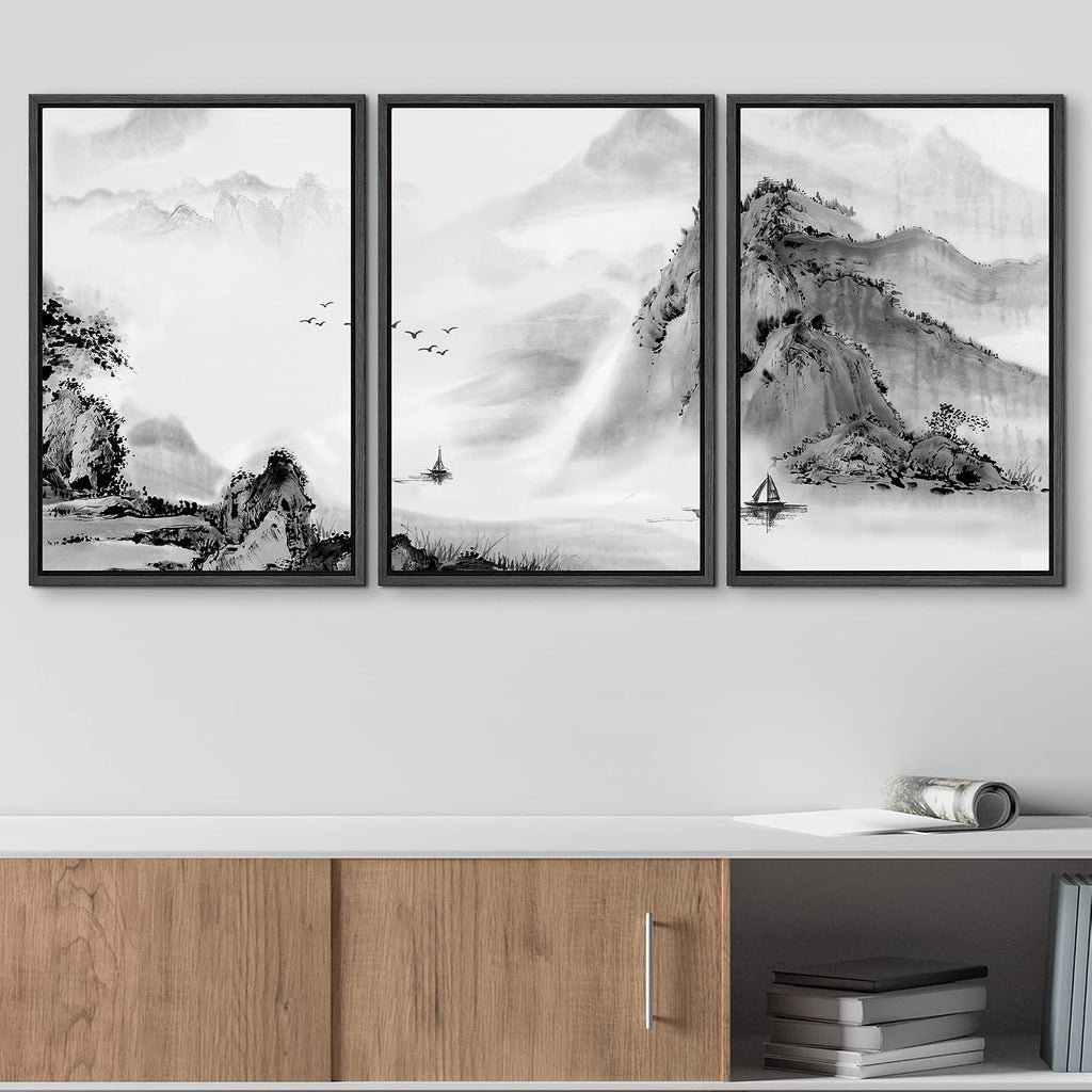 wall26 Framed Canvas Print Wall Art Set Black & White Chinese Ink Rainforest Nature Wilderness Illustrations Modern Art Cultural Scenic Relax/Calm for Living Room, Bedroom, Office - 16'x24'x3 Black