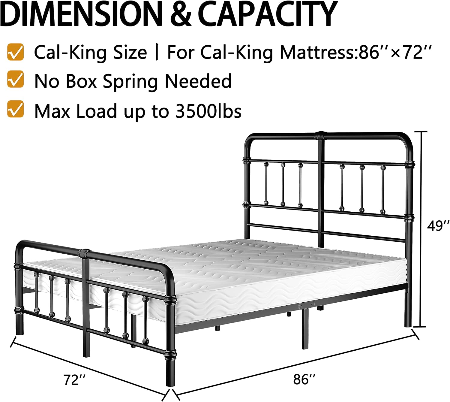California-King-Bed-Frames and headboard Giselle-Vintage Antique-Metal - Iron Platform Mattress Foundation,49 inch High,No Box Spring Needed(Black)