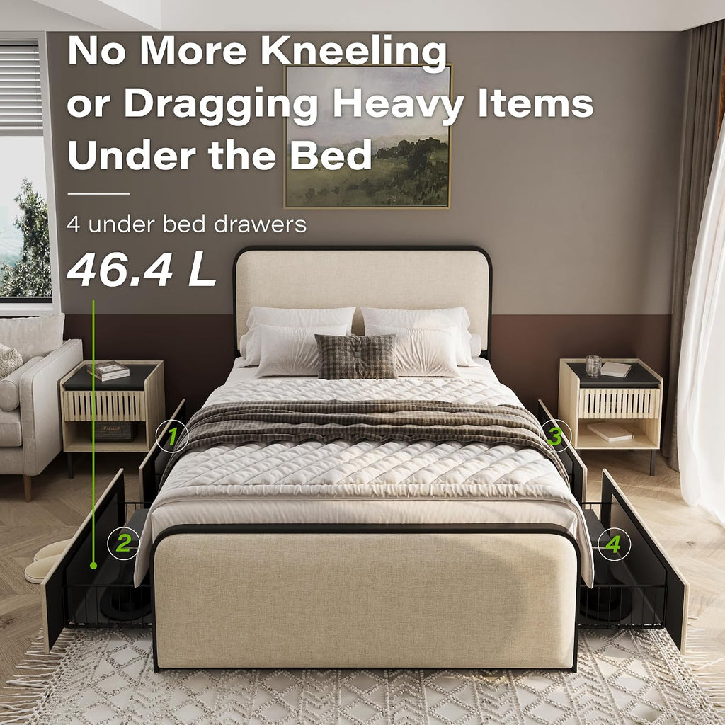 Queen Metal Platform Bed with 4 Under Bed Drawers, Modern Minimalist Linen Upholstered Bed Frame with Headboard & Footboard, Squeak-Free, No Box Spring Needed, Easy Assembly, Cream Beige