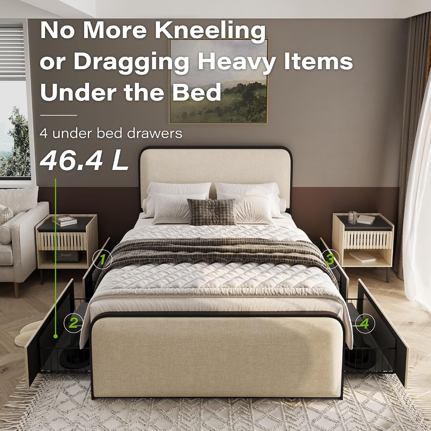 Queen Metal Platform Bed with 4 Under Bed Drawers, Modern Minimalist Linen Upholstered Bed Frame with Headboard & Footboard, Squeak-Free, No Box Spring Needed, Easy Assembly, Cream Beige