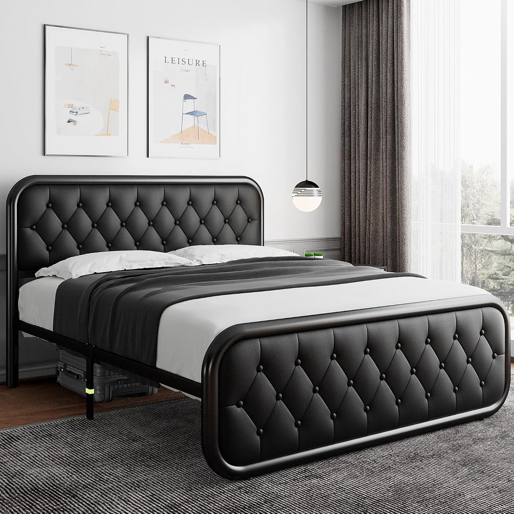 iPormis Queen Size Metal Bed Frame with Leather Headboard, Heavy-Duty Platform Bed Frame, Thicker Metal Steel Slats Support, 12'' Under-Bed Space, Noise-Free, Easy Assembly, Black