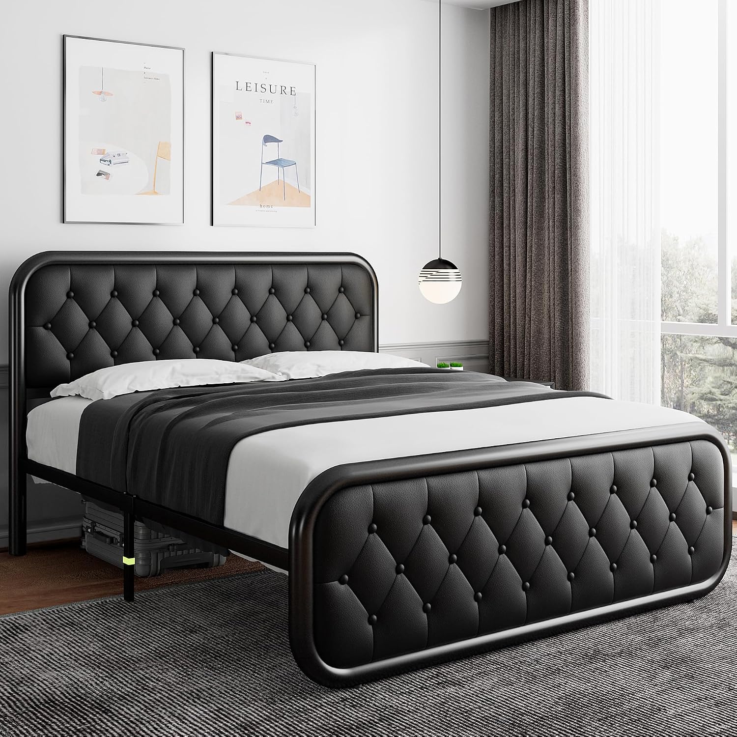 iPormis Queen Size Metal Bed Frame with Leather Headboard, Heavy-Duty Platform Bed Frame, Thicker Metal Steel Slats Support, 12'' Under-Bed Space, Noise-Free, Easy Assembly, Black