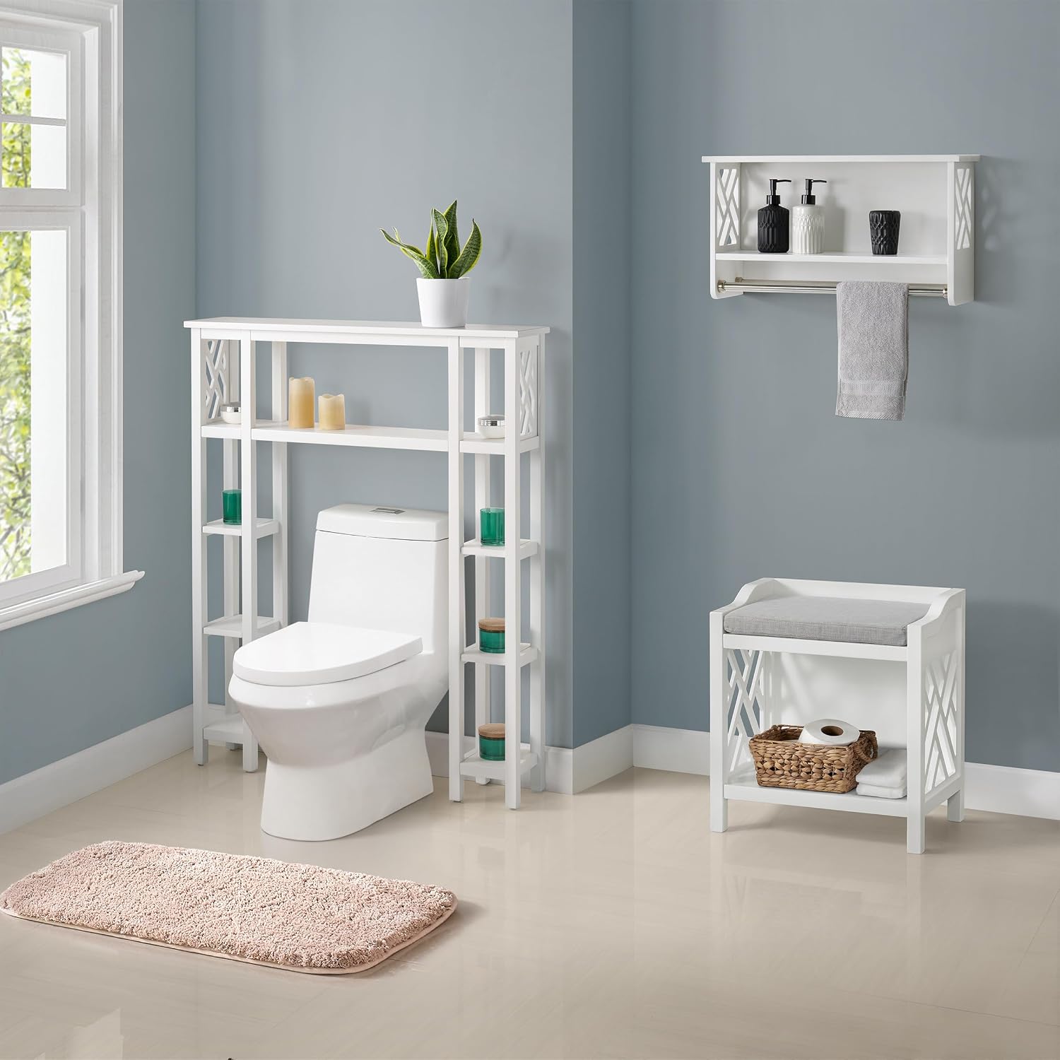 Coventry Bench with Cushion - Pine Wood Bench for Entryway or Bathroom Storage - Use as Shoe Rack, Vanity Chair and More (White)